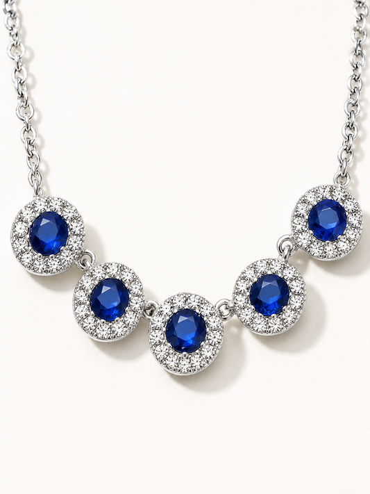 Blue Sapphire Diamond Necklace 14K White Gold 5 Stone Pendant 0.65TCW Natural