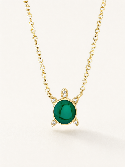 14K Gold Diamond Green Enamel Turtle Pendant Necklace