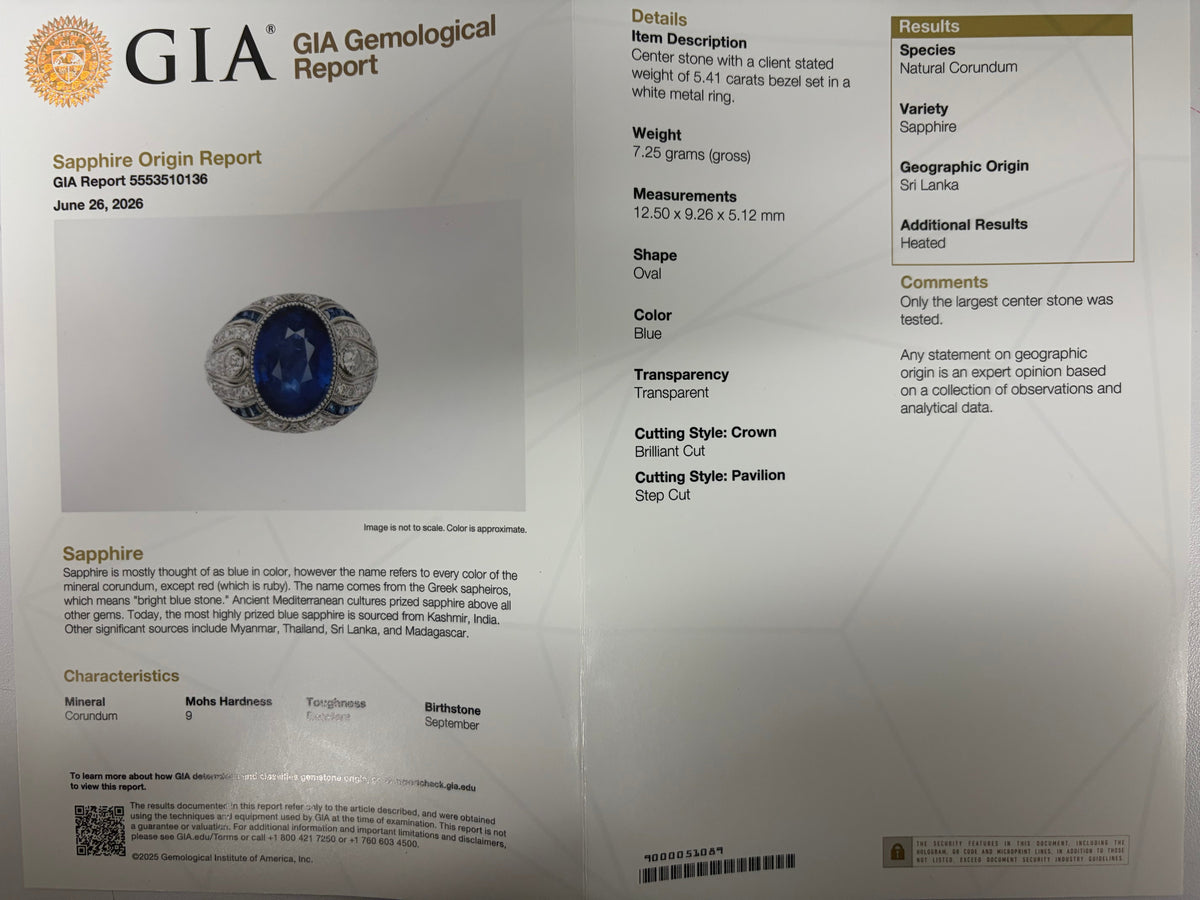 Art Deco Style Oval Sapphire Diamond Platinum Ring GIA Certified 6.97CTW Natural