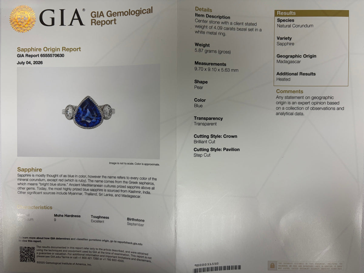 Art Deco Style Pear Sapphire Diamond Platinum Ring GIA Certified 4.74CTW Natural
