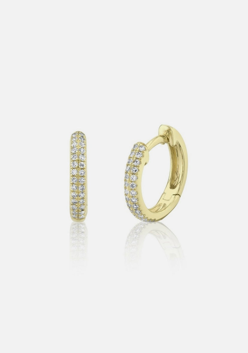 Diamond Pave Huggie Earrings 14K Yellow Gold Natural Small Hoop 0.12CT Round