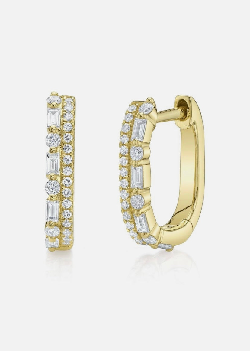 Baguette Diamond Huggie Earrings 14K Yellow Gold Oval Rectangular 0.30CT Natural