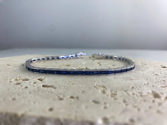 Natural Blue Sapphire Platinum Tennis Bracelet Art Deco Estate Inspired Bezel Baguette 6.53CT Certified Handmade