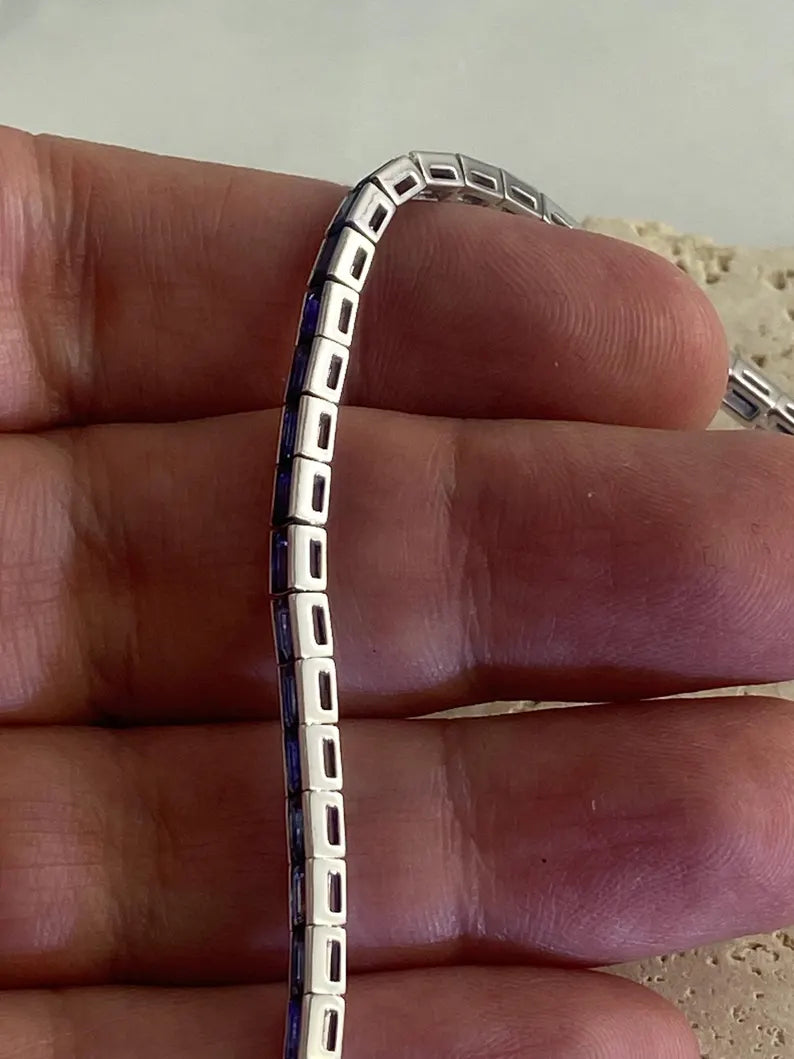 Natural Blue Sapphire Platinum Tennis Bracelet Art Deco Estate Inspired Bezel Baguette 6.53CT Certified Handmade