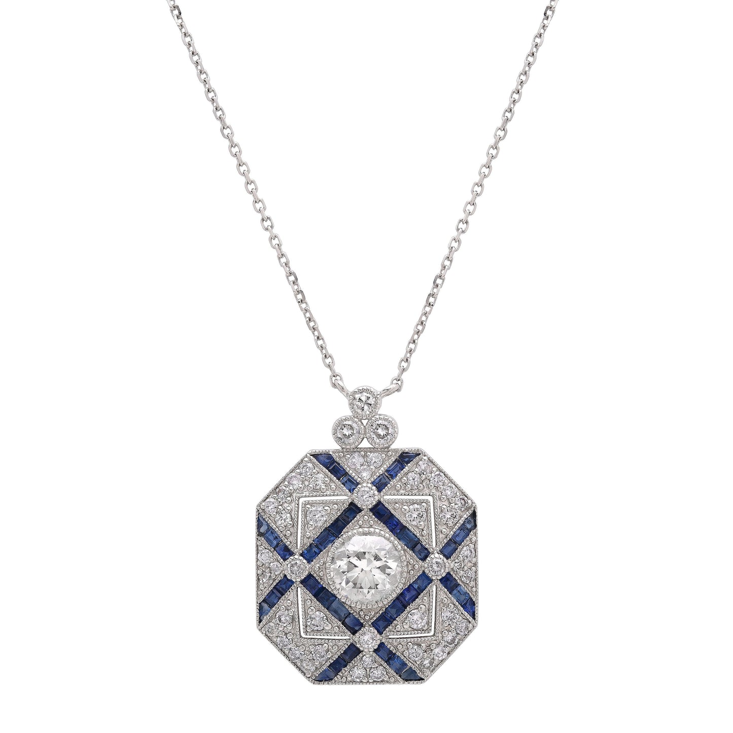 Art Deco Diamond Blue Sapphire Platinum Necklace Certified Natural 1.68CTW