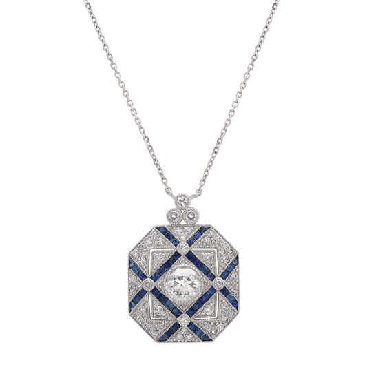 Art Deco Diamond Blue Sapphire Platinum Necklace Certified Natural 1.68CTW