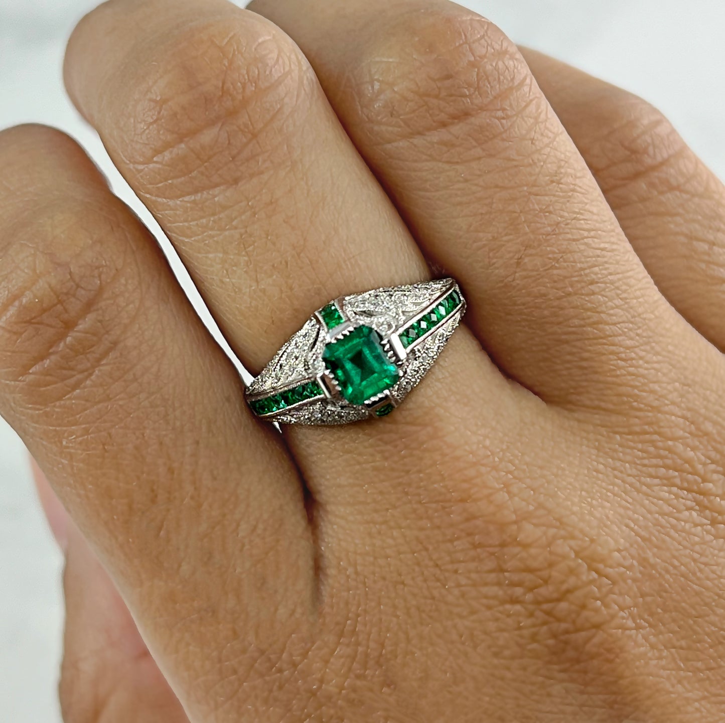 Emerald And Diamond Platinum Art Deco Engagement Ring 1.08 CTW