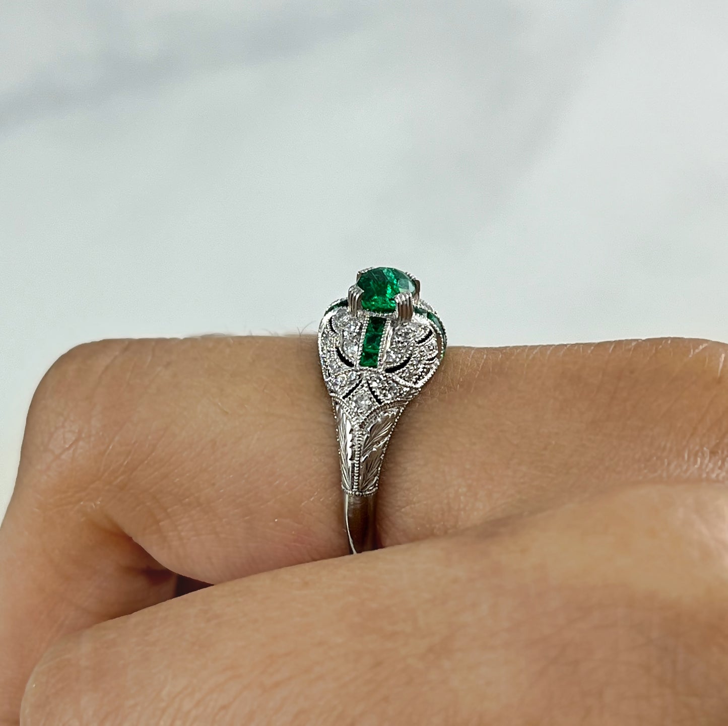 Emerald And Diamond Platinum Art Deco Engagement Ring 1.08 CTW
