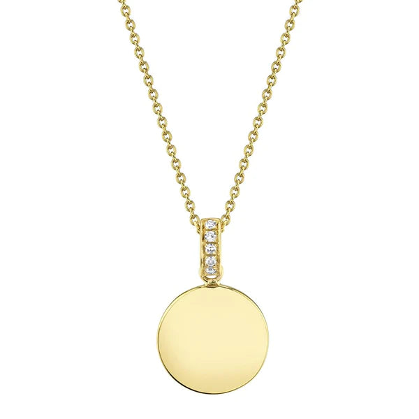 14K Gold Diamond Circle Disc Charm Pendant Necklace
