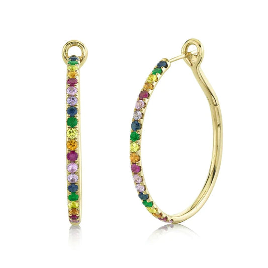 14K Gold Rainbow Gemstone Hoop Earrings