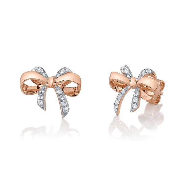 14K Gold 0.20 CT Diamond Bow Ribbon Earrings.