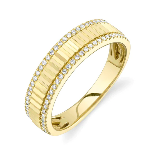 14K Gold Diamond Rippled Band Fluted Ring