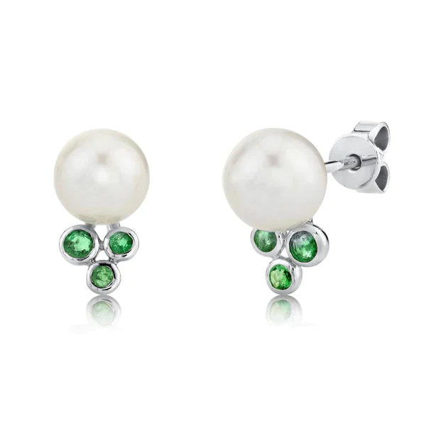 14K Gold Emerald Pearl Stud Earrings