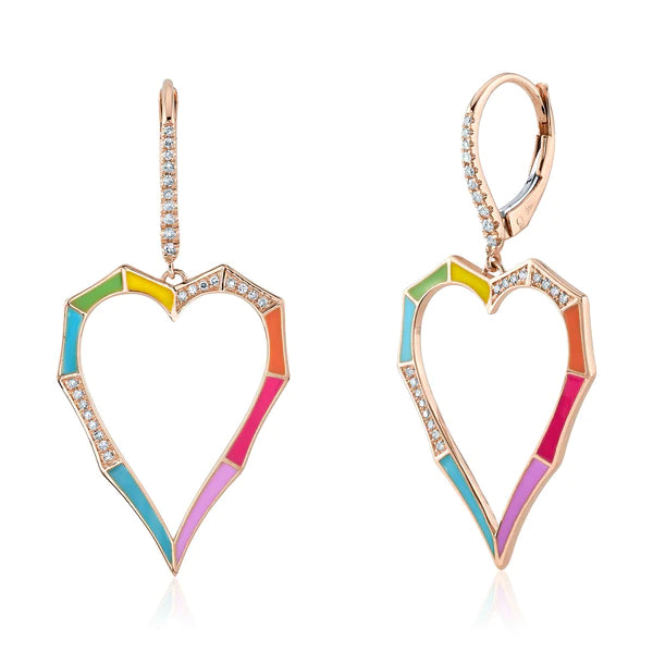 14K Gold 0.19 CT Diamond Multi Color Enamel Heart Earrings