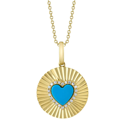 14K Gold Diamond Turquoise Heart Disc Necklace