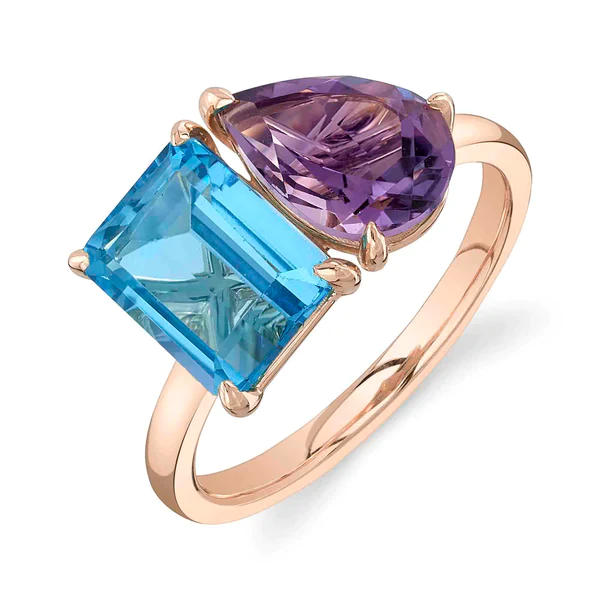 14K Blue Topaz Amethyst 2 Stone Ring