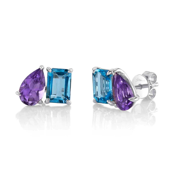 14K Gold Blue Topaz Amethyst Stud Earrings