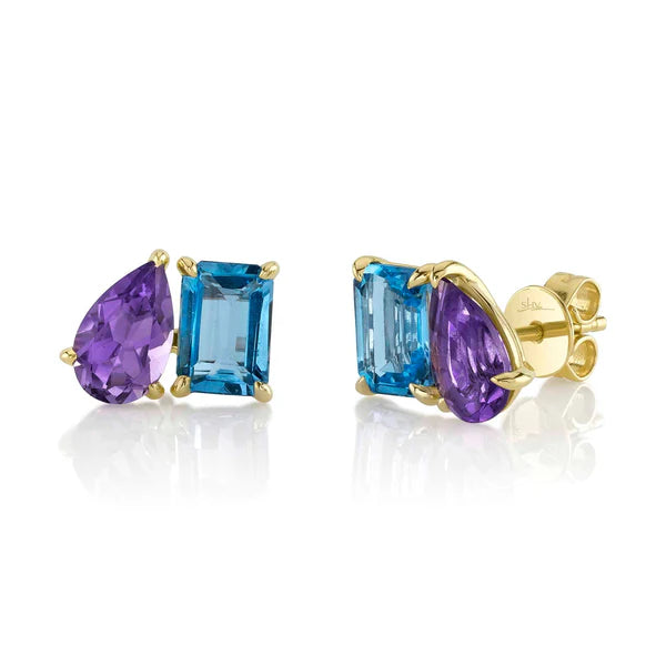 14K Gold Blue Topaz Amethyst Stud Earrings