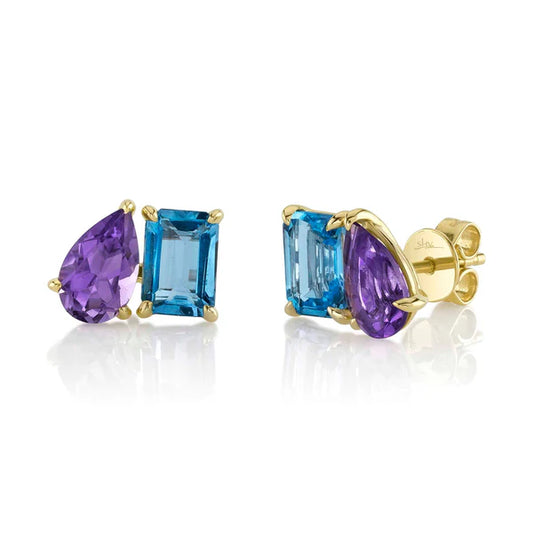 14K Gold Blue Topaz Amethyst Stud Earrings