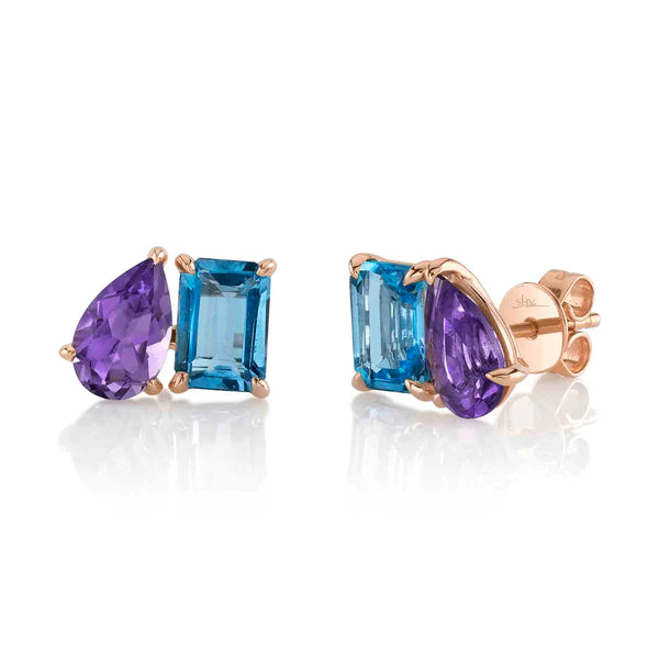 14K Gold Blue Topaz Amethyst Stud Earrings