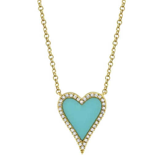 14K Gold 0.78 CT Diamond Turquoise Heart Pendant Necklace