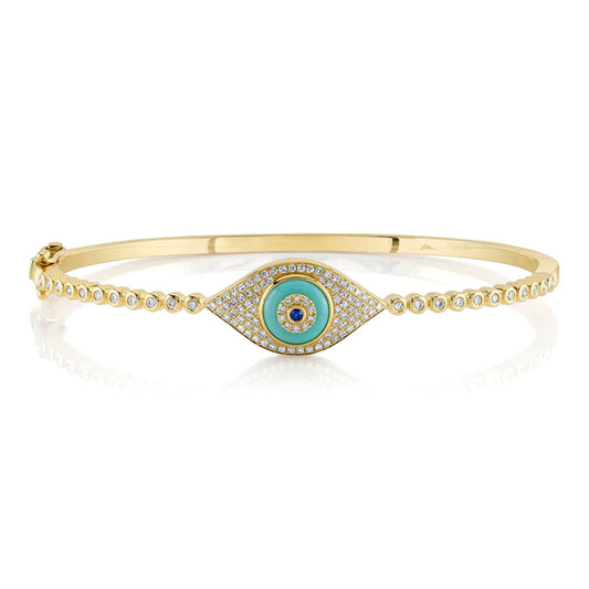 14K Gold Diamond Turquoise Sapphire Evil Eye Bangle Bracelet