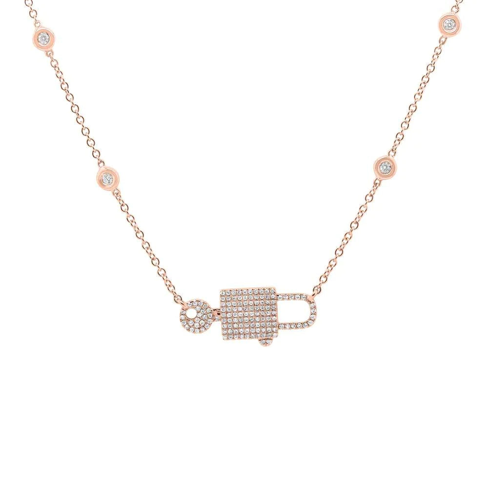 Diamond Lock & Key Bezel By The Yard 14k Rose Gold Natural Pave Necklace 0.49ct