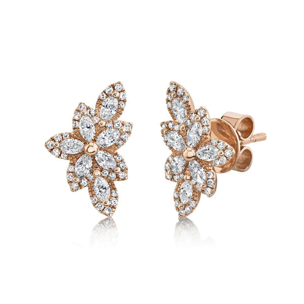 14k Gold Diamond Flower Stud Earrings