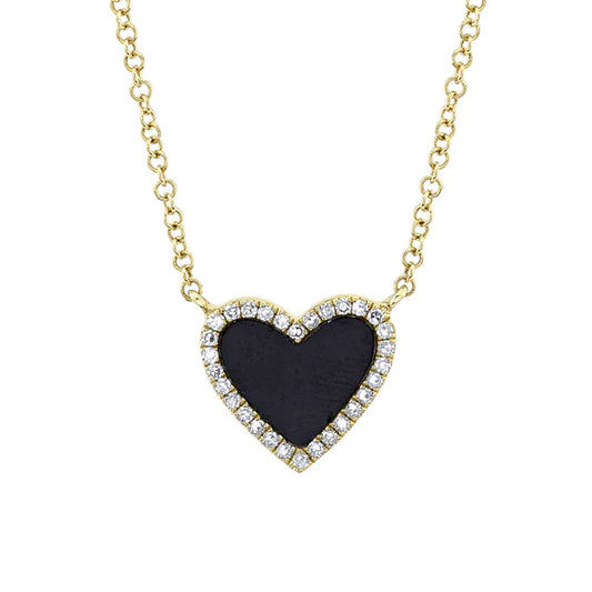 14K Gold Diamond Black Onyx Heart Necklace