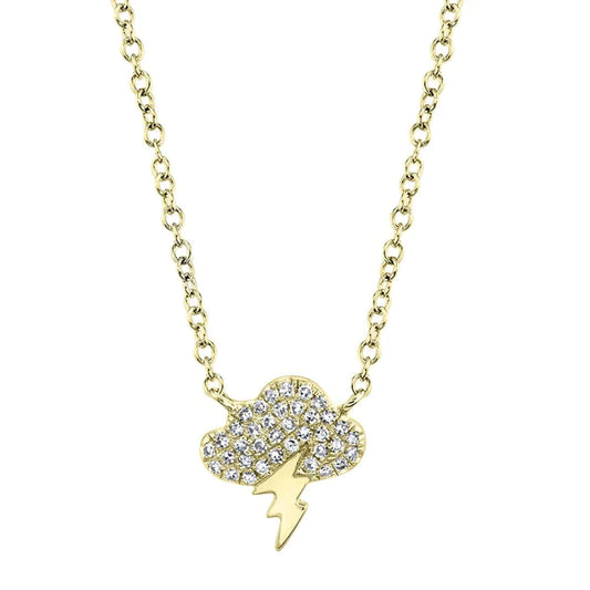 14K Gold Diamond Storm Cloud Lightning Pendant Necklace