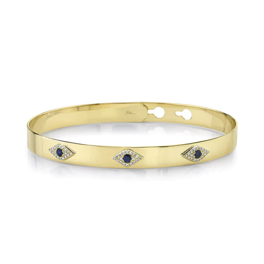 14K Gold Diamond Blue Sapphire Eye Bangle Bracelet