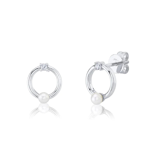 14K Gold Diamond Pearl Circle Earrings