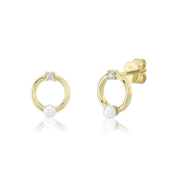 14K Gold Diamond Pearl Circle Earrings