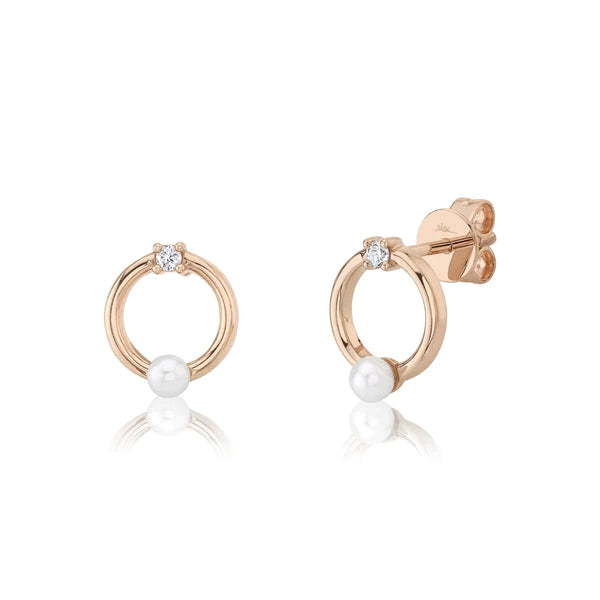 14K Gold Diamond Pearl Circle Earrings