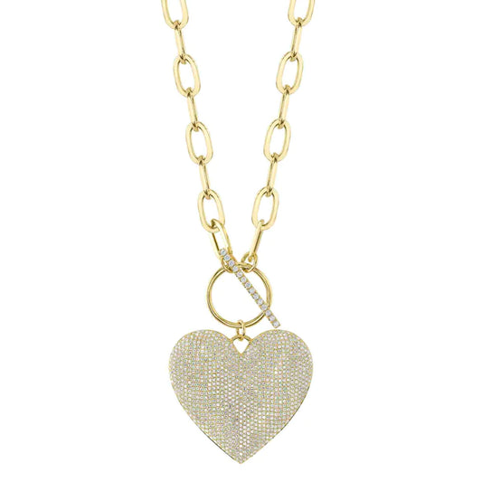 14K Gold Pave Diamond Heart Paper Clip Link Necklace