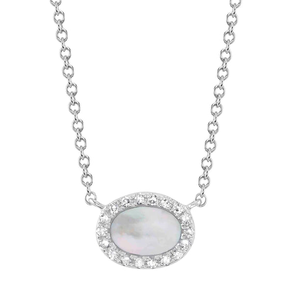 14K Gold Diamond Mother of Pearl Oval Necklace