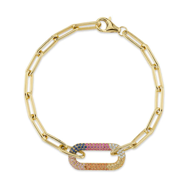 14K Gold Diamond Rainbow Gemstone Paperclip Bracelet
