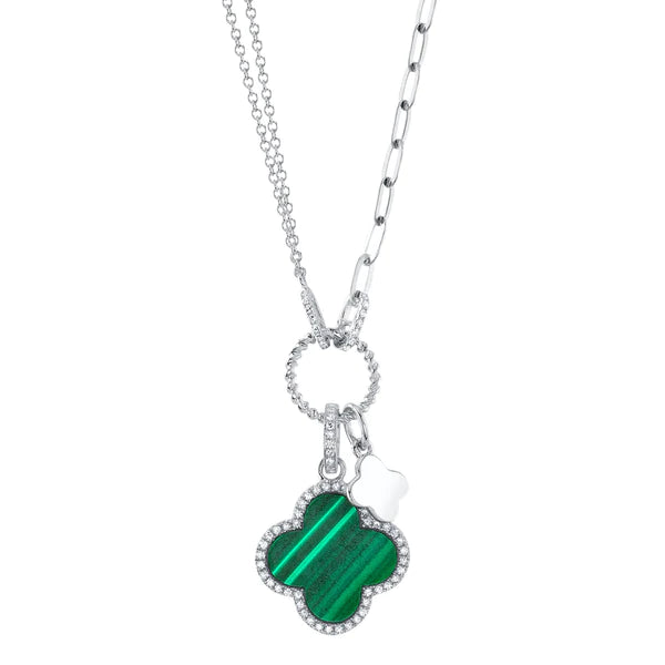 14K Gold Diamond Malachite Clover Necklace