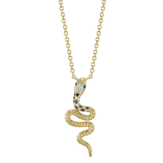 14K Gold Diamond Emerald Snake Necklace