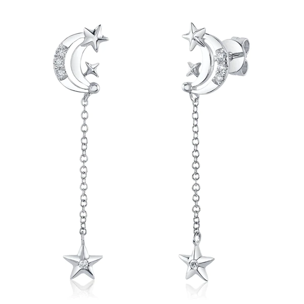 14K Gold 0.08 CT Diamond Moon & Star Earrings