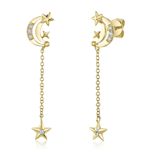 14K Gold 0.08 CT Diamond Moon & Star Earrings