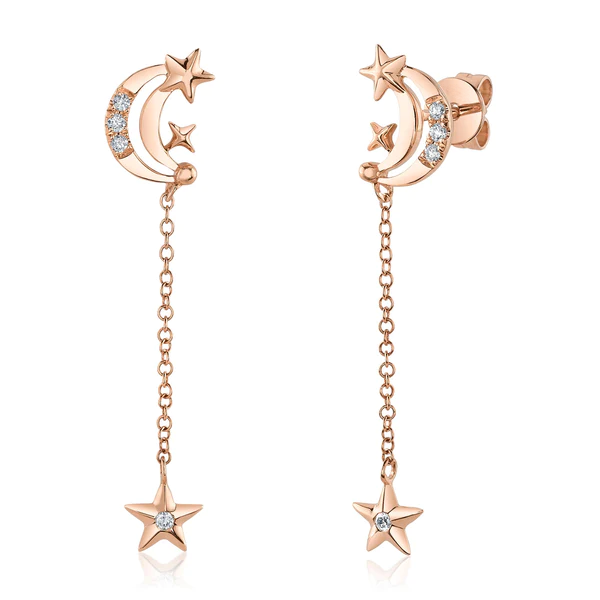 14K Gold 0.08 CT Diamond Moon & Star Earrings