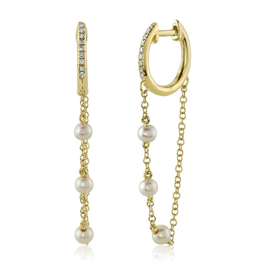 14K Gold 0.05 CT Diamond Pearl Huggie Chain Earrings