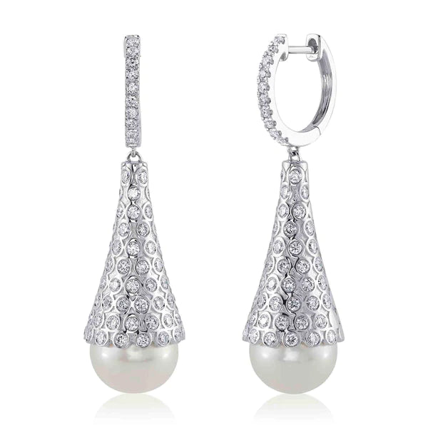 14K Gold Diamond Pearl Drop Earrings