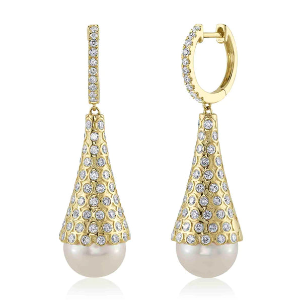 14K Gold Diamond Pearl Drop Earrings