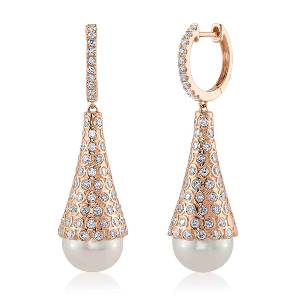 14K Gold Diamond Pearl Drop Earrings