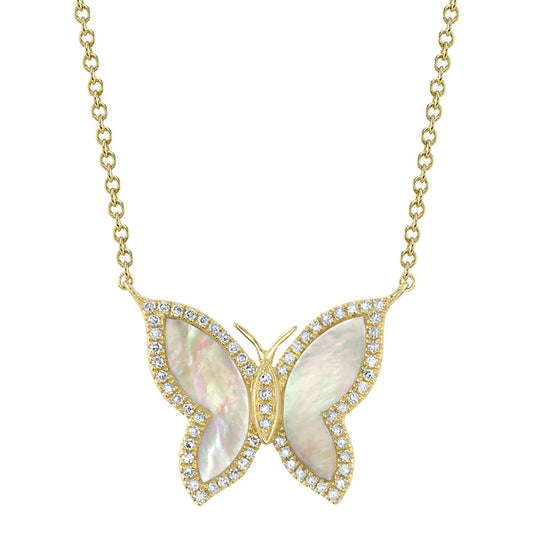 14K Gold Diamond Mother Of Pearl Butterfly Necklace