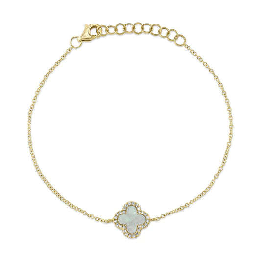 14K Gold Diamond Mother of Pearl Clover Bracelet