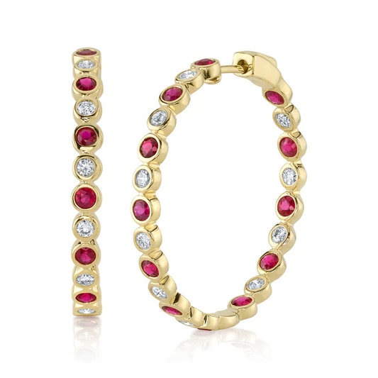14K Gold Diamond Ruby Hoop Earrings