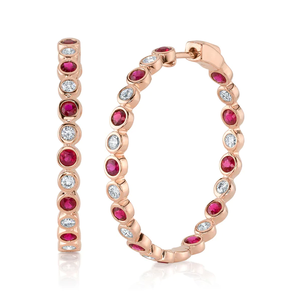 14K Gold Diamond Ruby Hoop Earrings